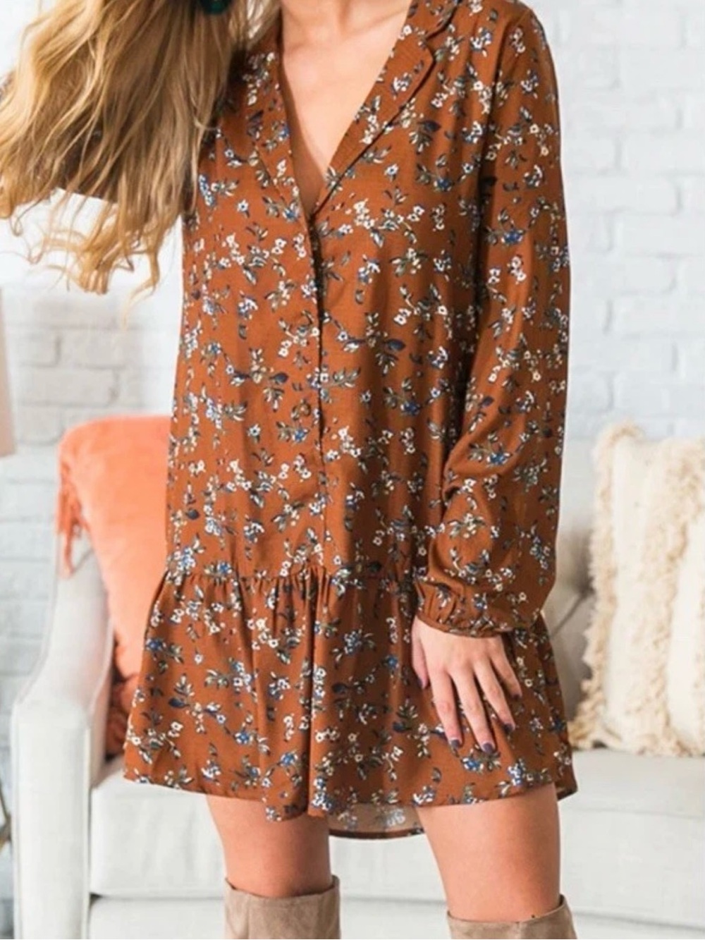 Loveriche Womans Medium Boho Cottage Core Jacket Midi Mini Dress Brown Floral